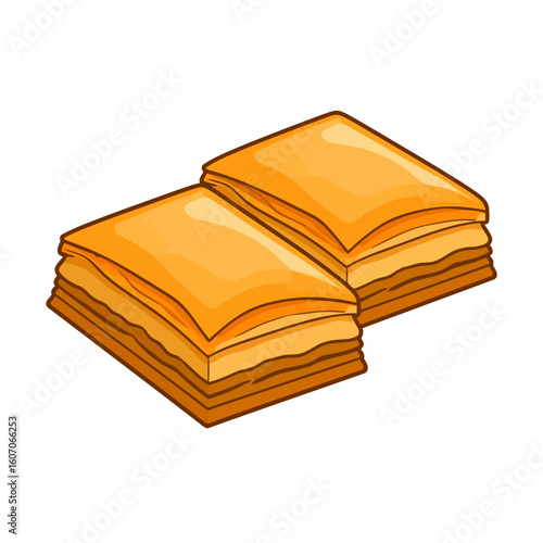 Two pieces of sweet, flaky baklava pastry with golden layers, cartoon vector illustration.
