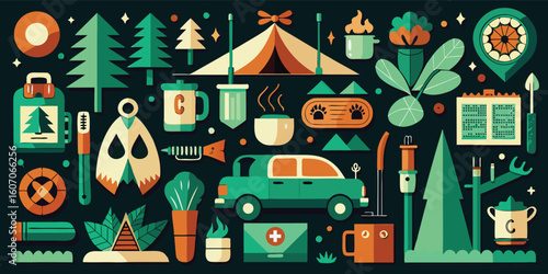Illustration in green and white showcasing camping gear, including tents, sleeping bags, and cooking equipment..eps