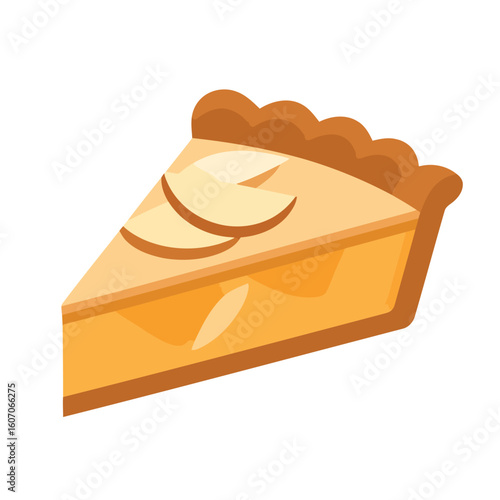 Stylized slice of apple pie with a fluted brown crust and apple slices on top.