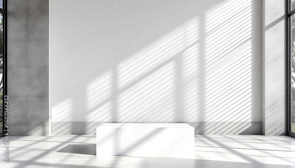 Obraz premium Minimalist White Cube Display Platform in Modern Room with Sunlight and Concrete Walls