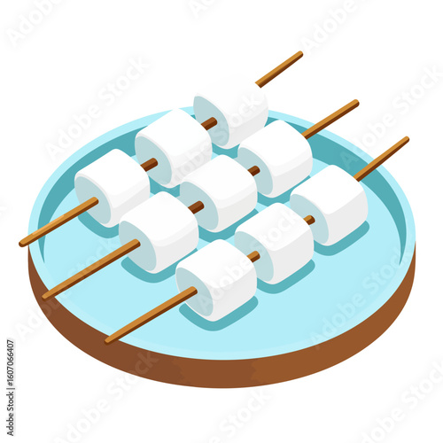 Three wooden skewers with soft white marshmallows arranged neatly on a light blue plate, isometric style.