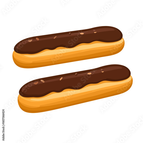 Two classic French eclairs with a shiny dark chocolate glaze and nut sprinkles.