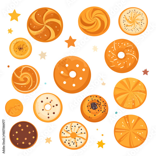 A charming collection of cartoon-style round buns, donuts, and pastries with decorative toppings and swirl patterns.