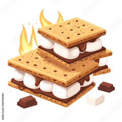Deliciously stacked s'mores with gooey melted chocolate, toasted marshmallows, and crisp graham crackers, with stylized flames.