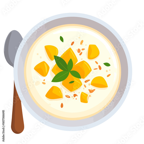 Top-down illustration of a creamy mango yogurt bowl with fresh mint garnish and sprinkled seeds, served with a spoon.