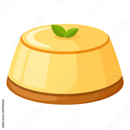 A shiny yellow flan pudding with a rich caramel base, garnished with two green mint leaves.