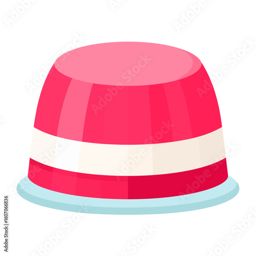 Vibrant pink and white layered jelly pudding in a classic fluted mold shape.