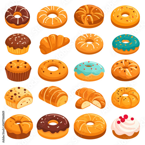 Colorful cartoon set of sweet baked goods, including donuts, muffins, croissants, and bagels with various glazes and toppings.
