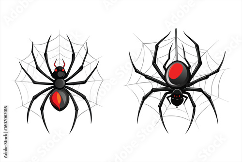 Stylized black widow spiders, one with a prominent hourglass marking, are depicted on their intricate webs, evoking a sense of danger and halloween