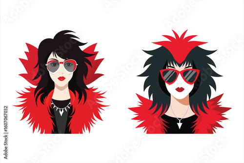 Stylish women with dark hair and sunglasses, adorned with red feather boas and necklaces, are presented against a white background