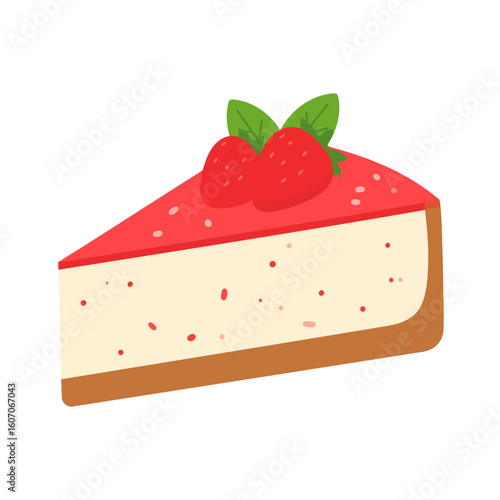 A delicious slice of strawberry cheesecake with red glaze, fresh berries, and a mint leaf garnish.