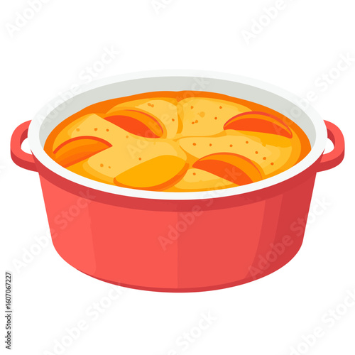 A vibrant red Dutch oven holding a delicious, golden-baked peach cobbler with fruit slices on top.