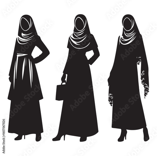 hijab style standing vector silhouette design white background