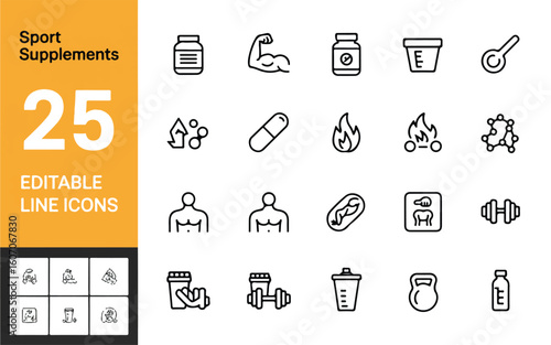 A set of 25 minimalist line art icons for sports supplements arranged in a grid layout.