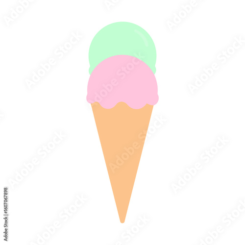 A double scoop ice cream cone with pink and mint green pastel flavors in a simple, flat design illustration.