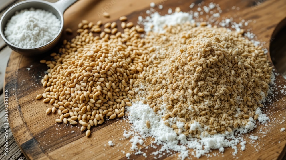 Healthy Buckwheat and Flour on Kitchen Surface Healthy Buckwheat and Flour on Kitchen Surface
