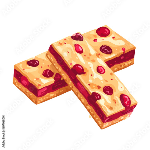 Two illustrated rectangular cherry crumble bars with a golden crust and red berry topping.