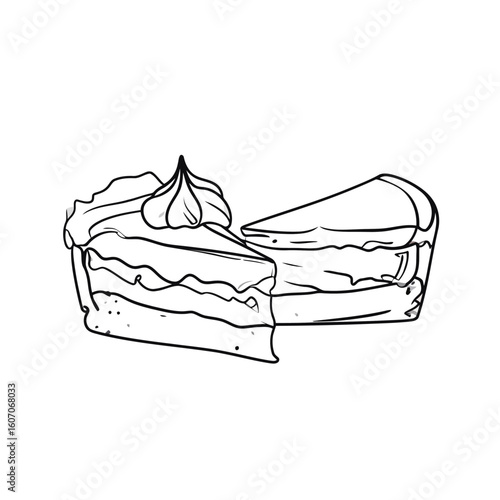 Two delicious cake slices in a black and white line art illustration, one layered with a cream dollop.