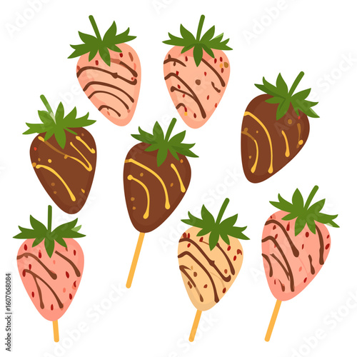 Set of illustrated chocolate-covered strawberries with pink, dark, and white chocolate coatings, drizzles, and sprinkles.