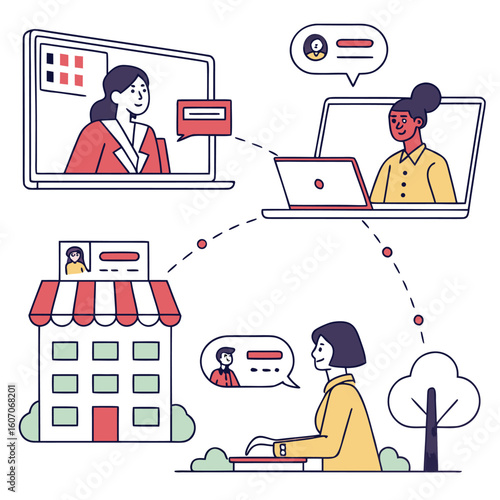 Remote Sales Team Meeting – Flat Vector Virtual Collaboration Adobe Illustrator Artwork