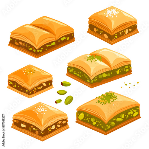 Golden layered baklava dessert pastries with pistachio and nut fillings, cartoon style illustration set.