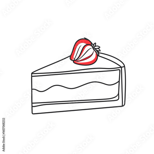 Minimalist line art of a layered cake slice with a single red strawberry garnish.