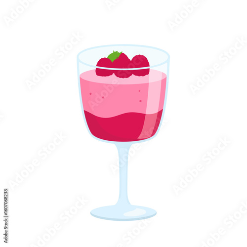 Layered raspberry mousse dessert in a stemmed glass, garnished with fresh berries and a mint leaf.