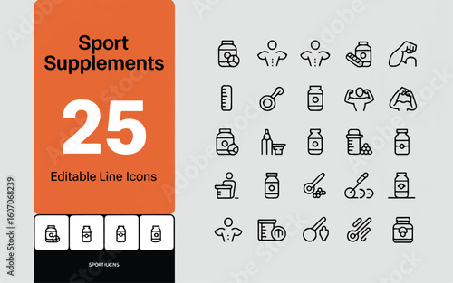 A set of 25 minimalist line art icons for sports supplements arranged in a grid layout.