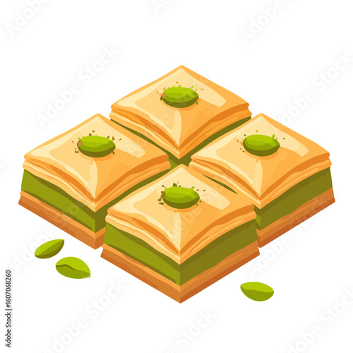 Four diamond-shaped baklava pastries with layered phyllo dough, pistachio filling, and nut garnish.