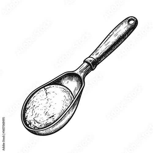 Rustic wooden-handled scoop with flour in a detailed vintage engraving style.