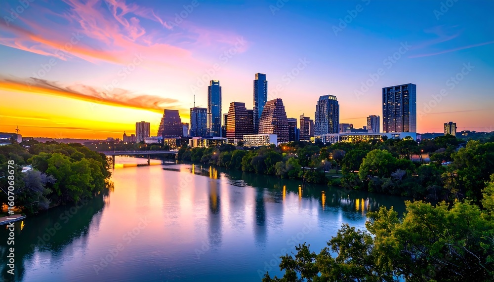 Fototapeta premium City skyline at sunrise over a river