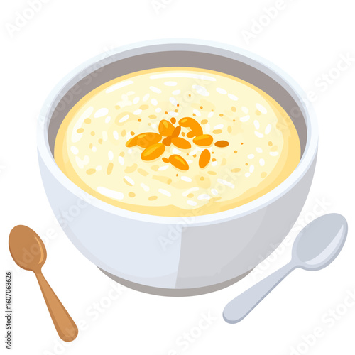 A white ceramic bowl of creamy rice porridge topped with golden raisins, with two spoons.