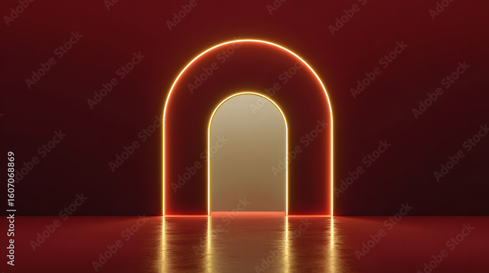 Fototapeta premium Glowing Archway with Golden Light and Dark Red Background neon