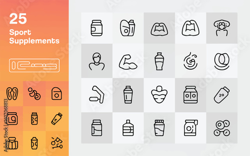A set of 25 minimalist line art icons for sports supplements arranged in a grid layout.