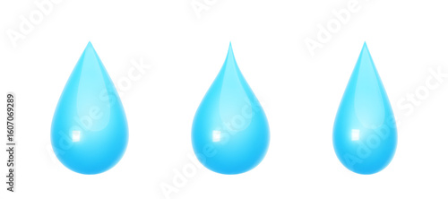 Set of glossy bubble 3d water drop icons in realistic style. Blue plastic drops isolated on white background. Rounded droplet shapes for weather forecast. Sign rain, sweat, tears. Vector illustration