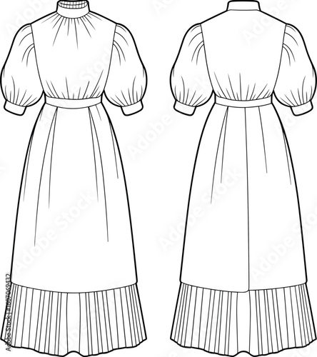 Puff sleeve long dress with pleated hem, flat fashion sketch, vector cad template for clothing design front back view