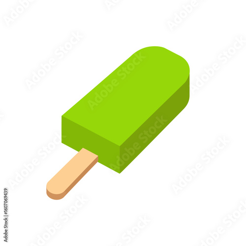 Isometric illustration of a vibrant green rectangular ice pop with a rounded top on a wooden stick.
