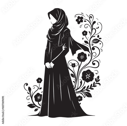 hijab style standing vector silhouette design white background