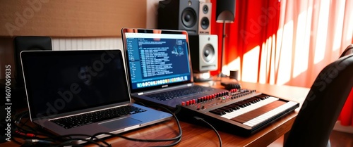Laptop and synthesizer on recording studio desk, cables connected, faders, recording