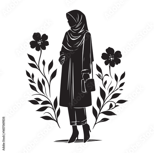 hijab style standing vector silhouette design white background