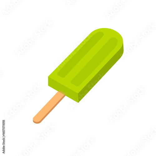 A vibrant lime green popsicle on a wooden stick, shown in a clean isometric vector style.