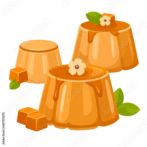 Glossy caramel puddings with dripping sauce, garnished with flowers, mint leaves, and caramel cubes.