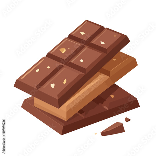 Stack of layered milk and dark chocolate bars with chopped nuts and broken pieces.