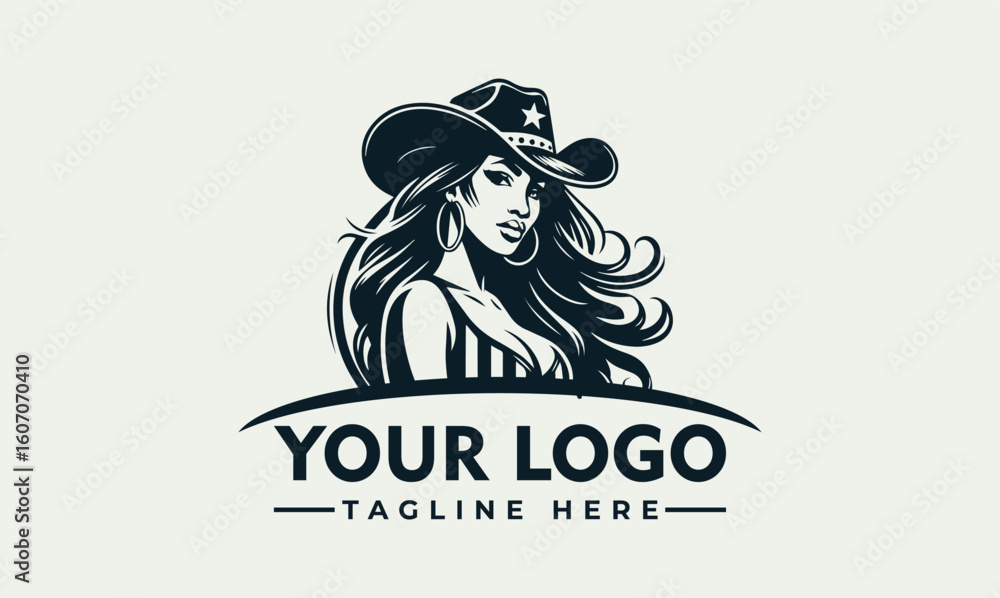 Obraz premium Elegant monochrome illustration of a woman wearing a cowboy hat, designed for a logo.