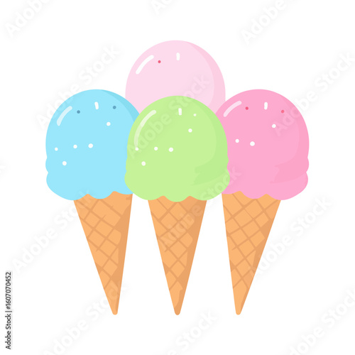 Colorful assortment of four pastel ice cream scoops with sprinkles in waffle cones.
