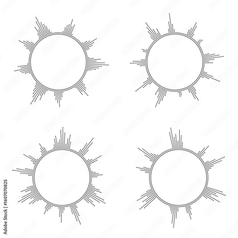 Fototapeta premium Collection of circular audio waves. Vector round music equalizer, audion circle spectrum sign. Set of isolated radial spectrum designs. Abstract radial radio and voice volume symbol