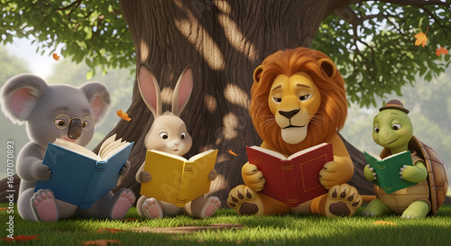 Group of diverse animal friends studying together outdoors under a large tree