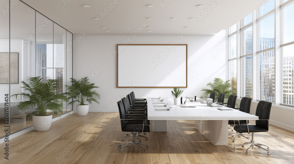 Fototapeta premium Modern Conference Room with Large Whiteboard and City View