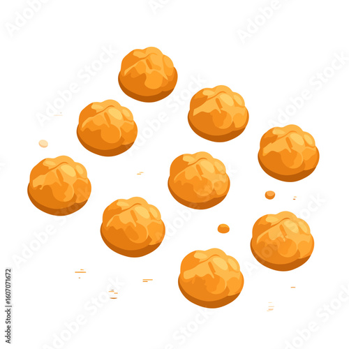 A set of nine golden-brown, round baked bread rolls or profiteroles in an isometric illustration style.