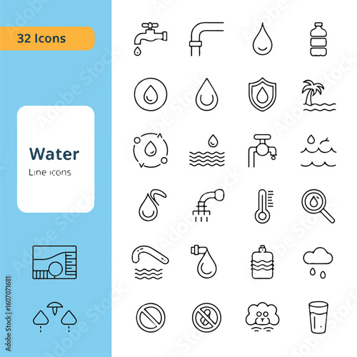 A set of 32 thin line icons related to water and water management, arranged in a grid format.  